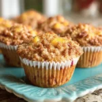 Freshly baked easy peach crumble muffins topped with crumble