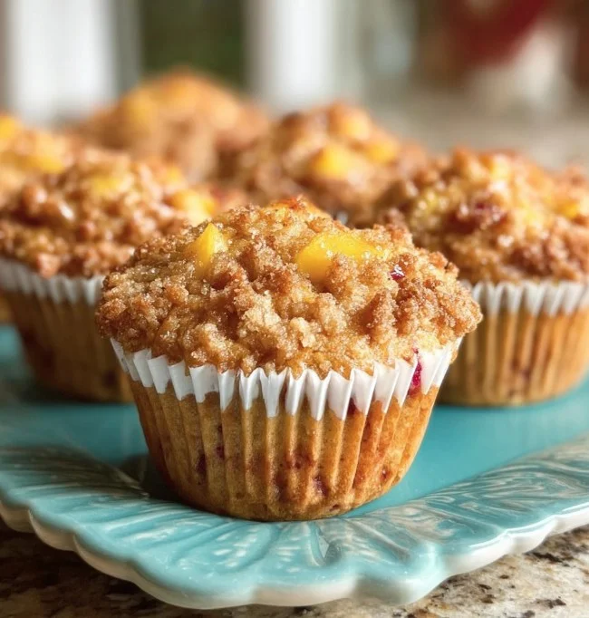 Freshly baked easy peach crumble muffins topped with crumble