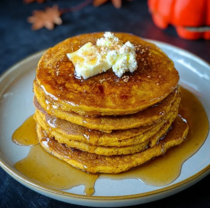 Fluffy and delicious easy pumpkin pancakes served with maple syrup