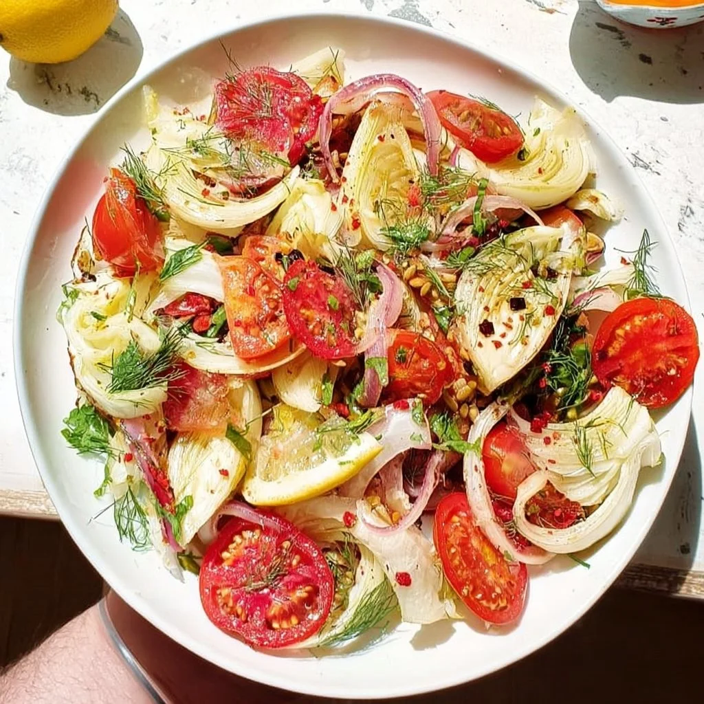 Fennel with roasted lemon and tomato salad garnished with herbs
