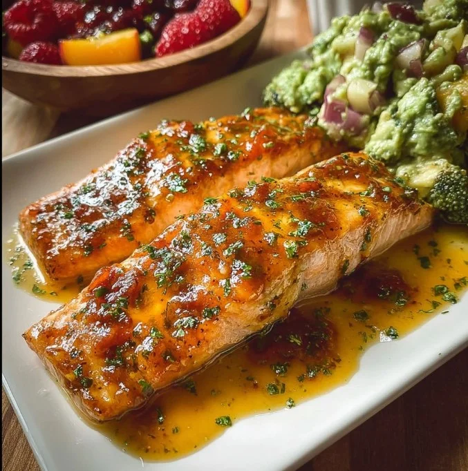Delicious glazed peach salmon served on a plate with fresh herbs.