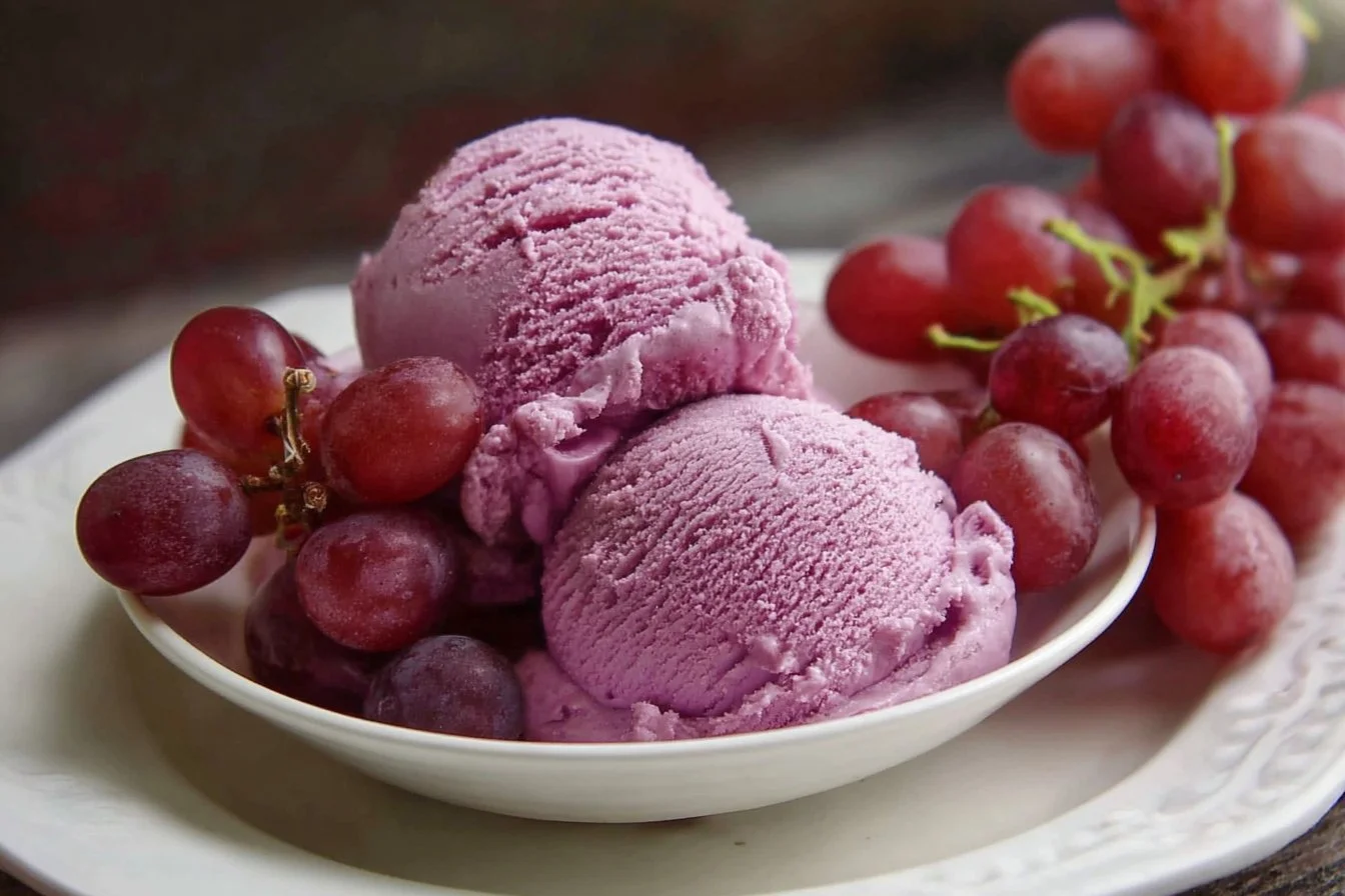 Delicious grape juice ice cream served in a bowl with a spoon