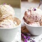 A scoop of honey lavender ice cream in a waffle cone garnished with lavender flowers.