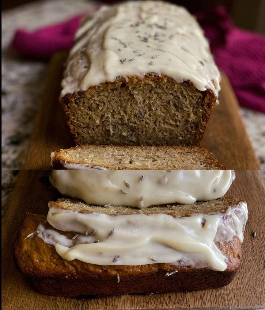 Delicious Lavender Banana Bread topped with creamy icing on a wooden table