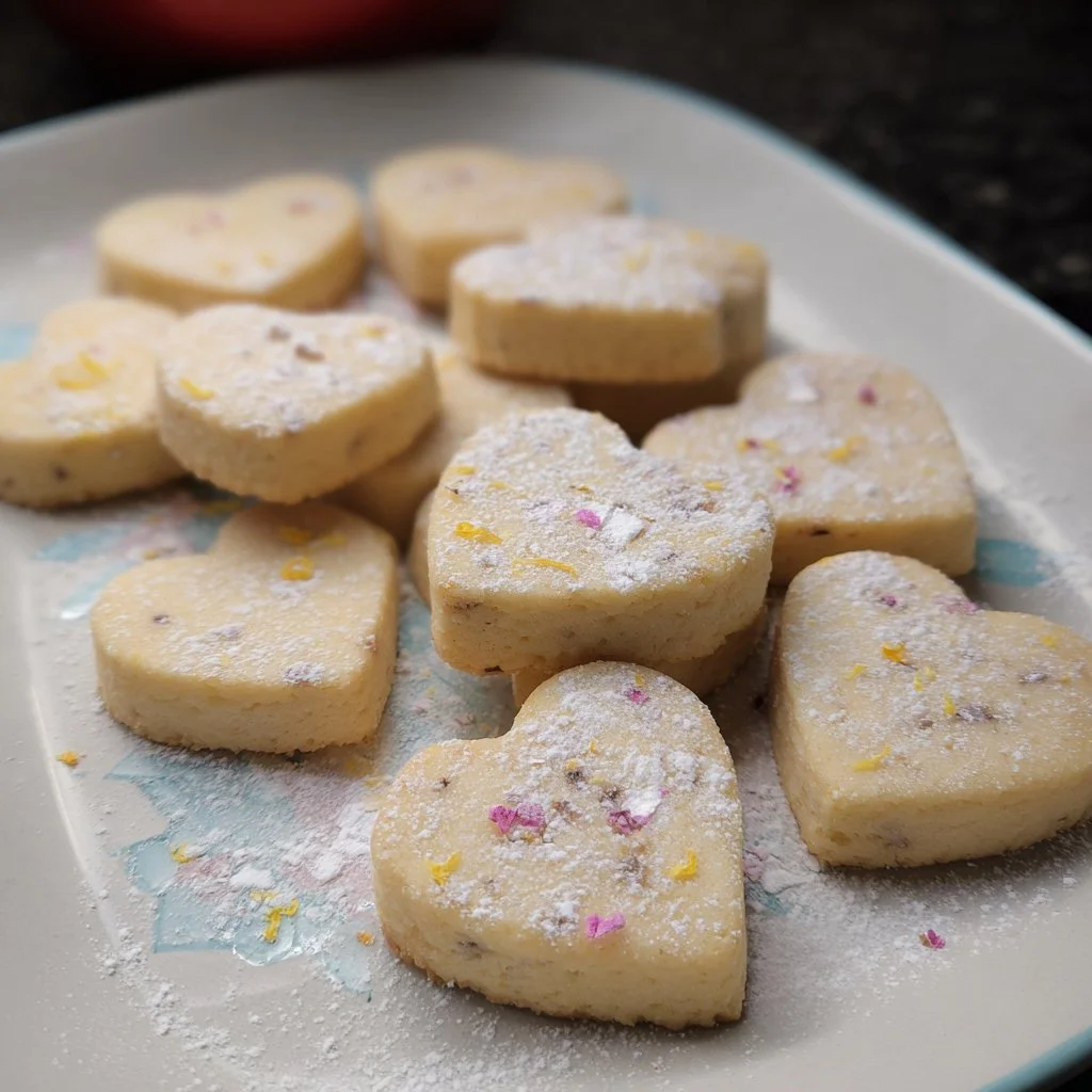 Plate of freshly baked Lemon Rose Shortbread Cookies with lemon slices and rose petals