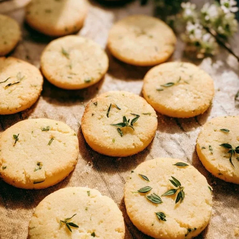 Lemon thyme shortbread cookies fresh out of the oven on a cooling rack