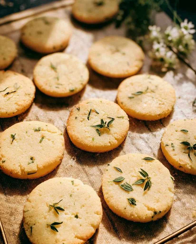 Lemon thyme shortbread cookies fresh out of the oven on a cooling rack