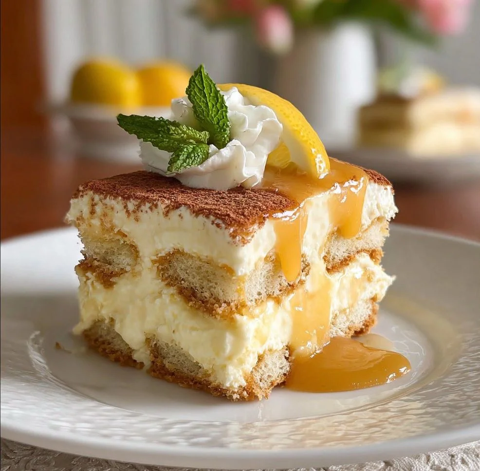 Delicious lemon tiramisu dessert with lemon zest and cream layers.