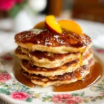 Delicious Maple Peach Pancakes topped with fresh peaches and maple syrup