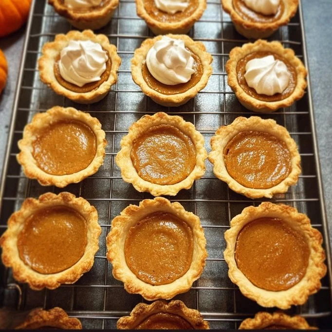 Mini pumpkin pies arranged on a platter, perfect for autumn desserts.