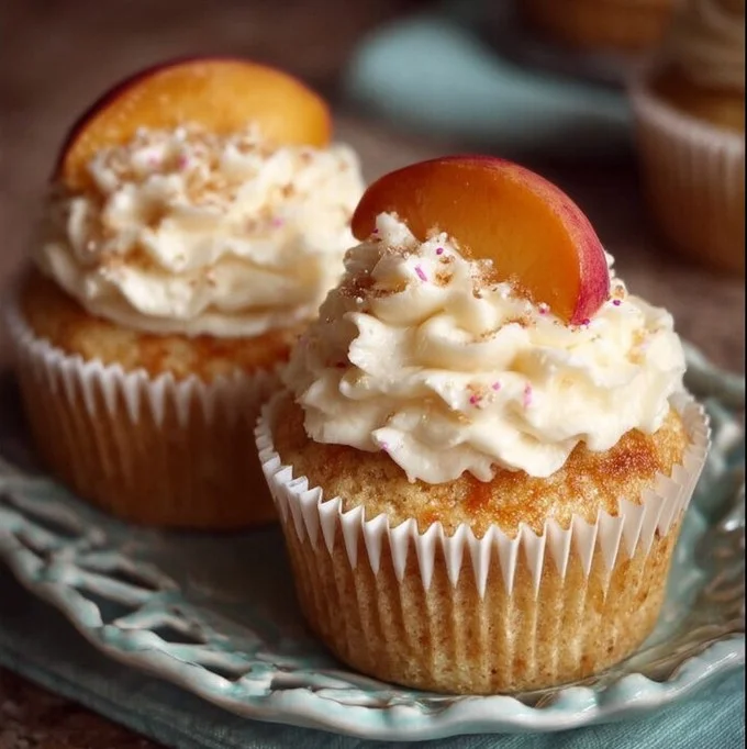 Freshly baked moist peach cupcakes topped with peach frosting.