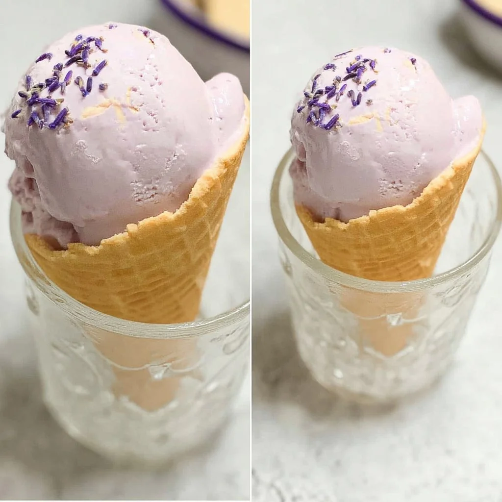 Delicious no churn lavender ice cream served in a bowl with lavender sprigs.
