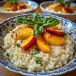 Delicious Peach Basil Risotto garnished with fresh basil and peach slices