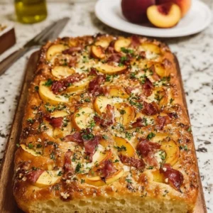 Homemade Peach & Prosciutto Focaccia with fresh peaches and prosciutto slices