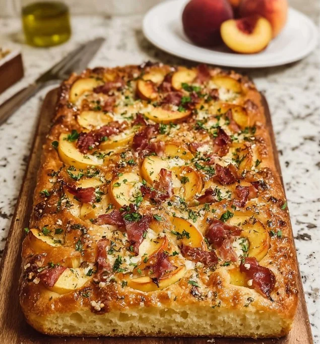 Homemade Peach & Prosciutto Focaccia with fresh peaches and prosciutto slices
