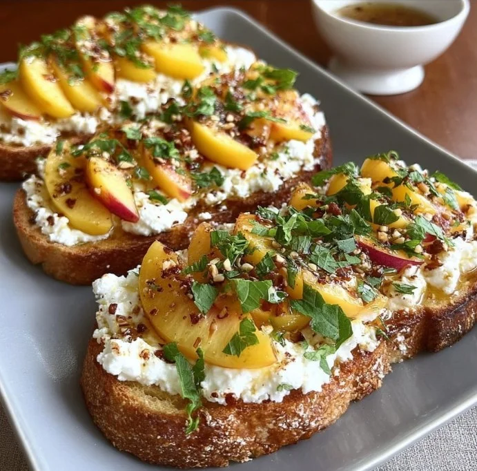 Delicious Peach Ricotta Toast with fresh peaches and creamy ricotta on toasted bread