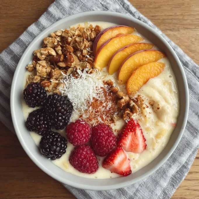 Peach Smoothie Bowls topped with fresh fruit and granola