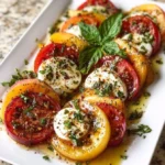 Delicious Peach Tomato Caprese Salad with fresh ingredients served in a bowl