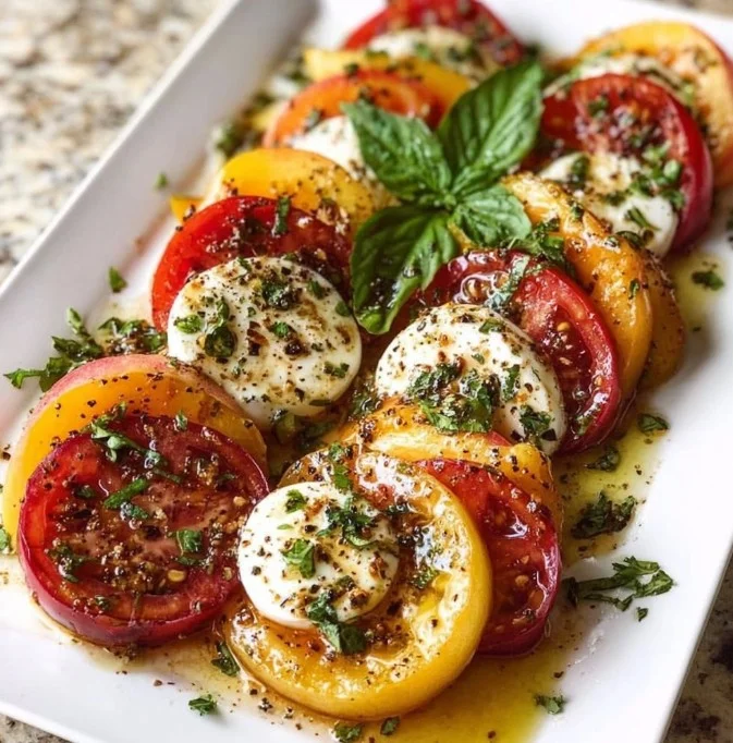 Delicious Peach Tomato Caprese Salad with fresh ingredients served in a bowl