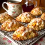Freshly baked Peaches & Cream Scones with a golden crust and peach slices
