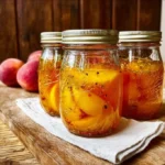 Jars of homemade pickled peaches on a wooden table
