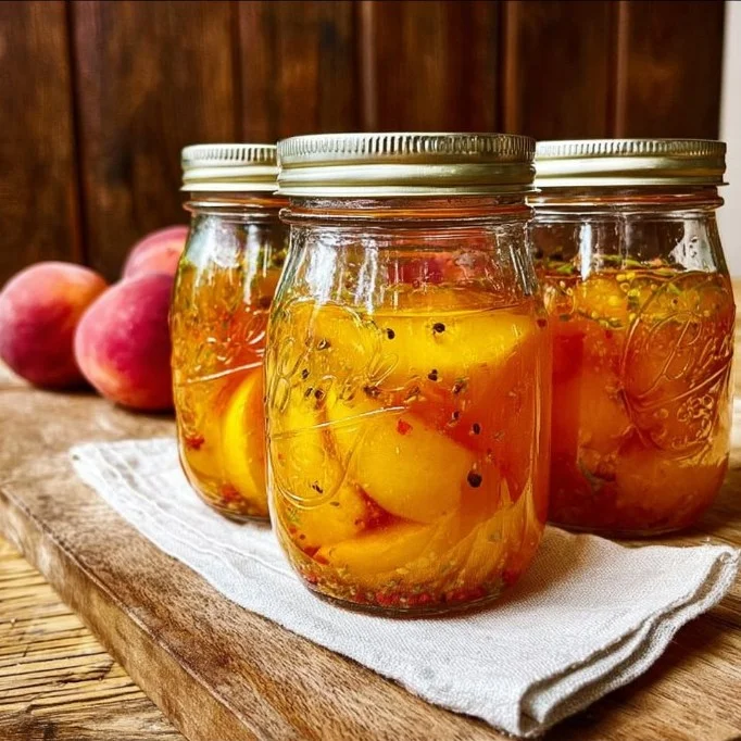 Jars of homemade pickled peaches on a wooden table
