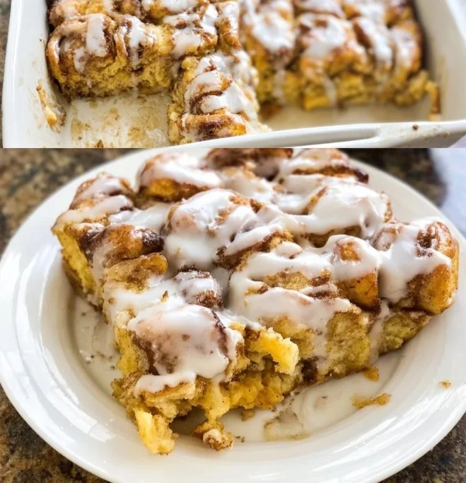 Delicious Pumpkin Cinnamon Roll Casserole topped with icing in a baking dish.
