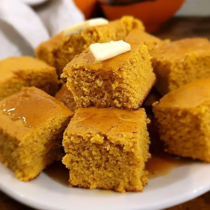 Homemade pumpkin cornbread served with butter on a rustic wooden table