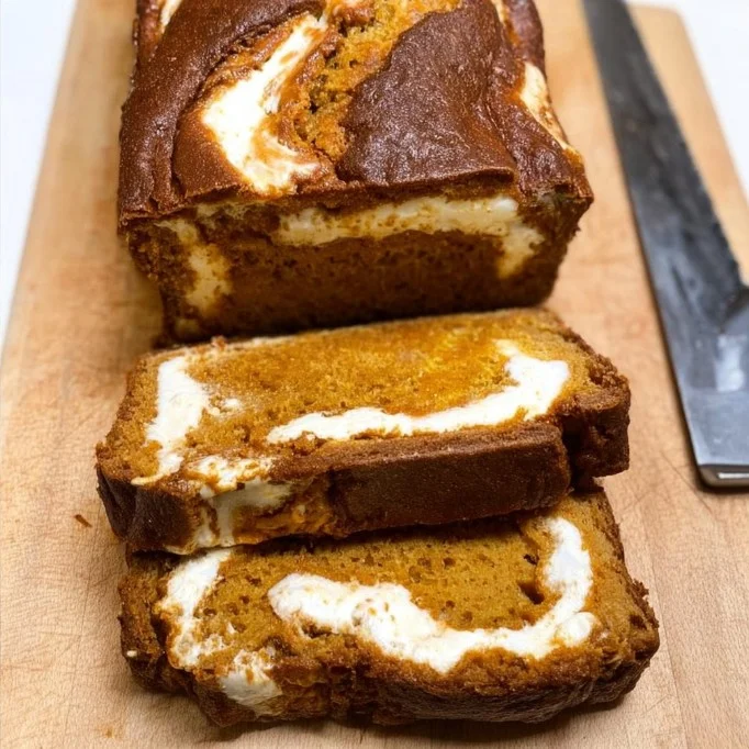 Loaf of homemade pumpkin cream cheese bread with seasonal spices