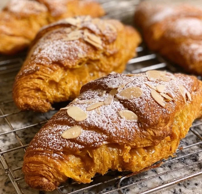 Delicious homemade pumpkin croissants with golden flaky layers