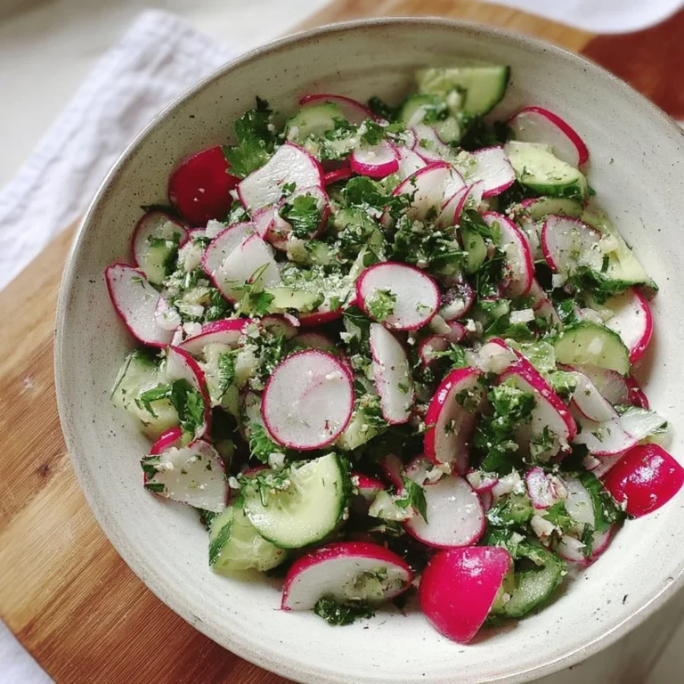 Radish, Cucumber and Herb Salad served in a bowl, garnished with fresh herbs