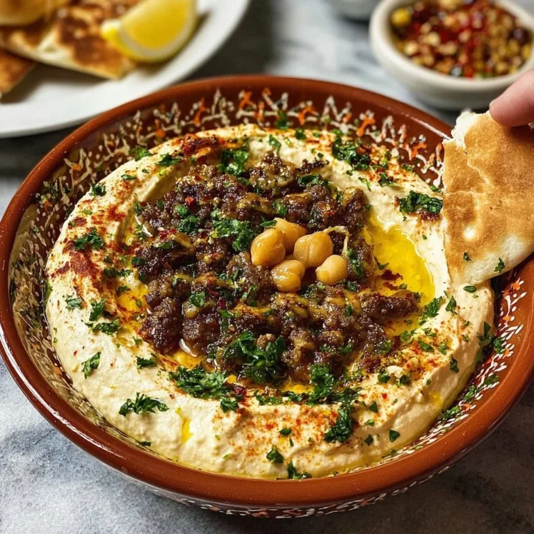 Savory Hummus with Ground Beef garnished with herbs in a bowl