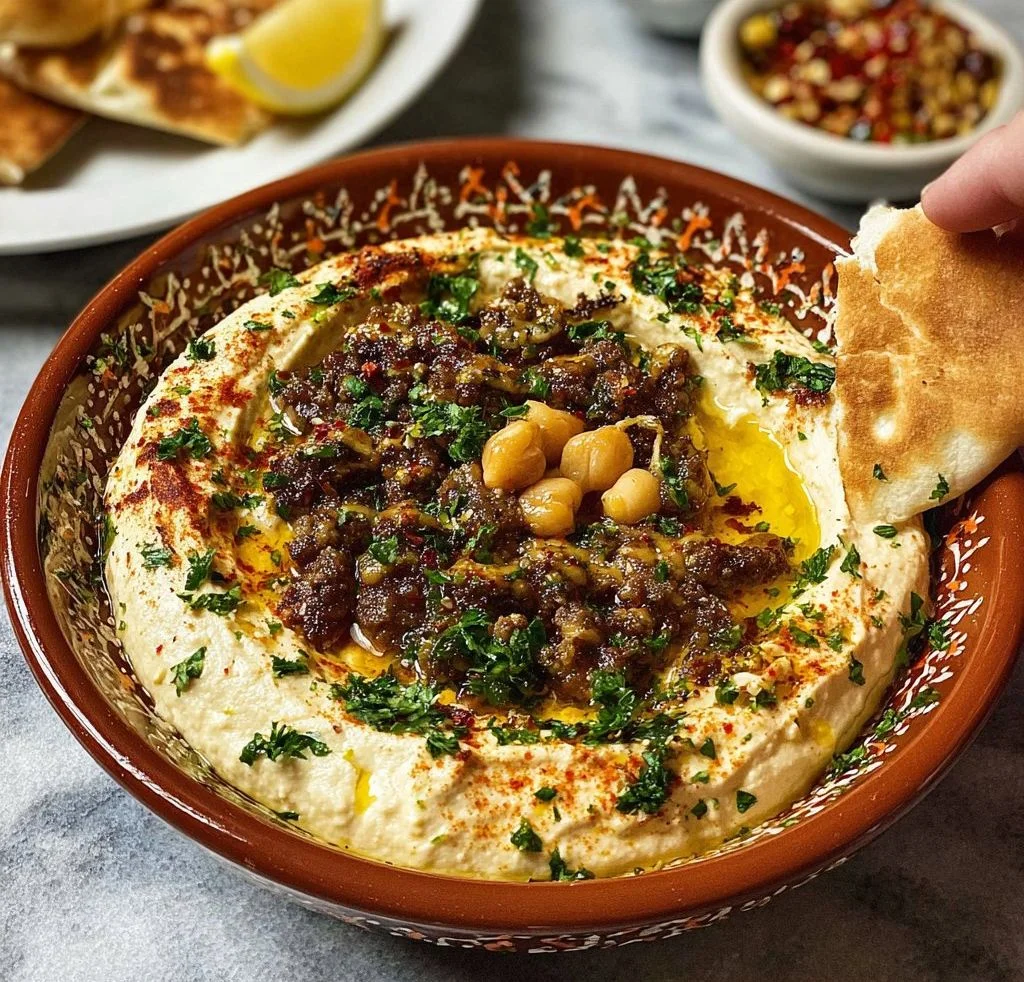 Savory Hummus with Ground Beef garnished with herbs in a bowl
