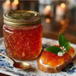 Jar of spicy peach jam with fresh peaches and chili peppers