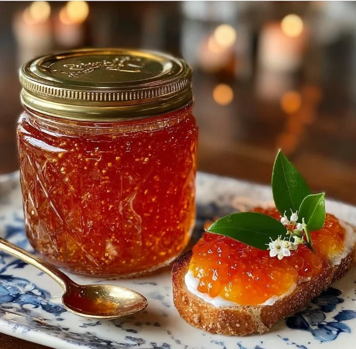 Jar of spicy peach jam with fresh peaches and chili peppers
