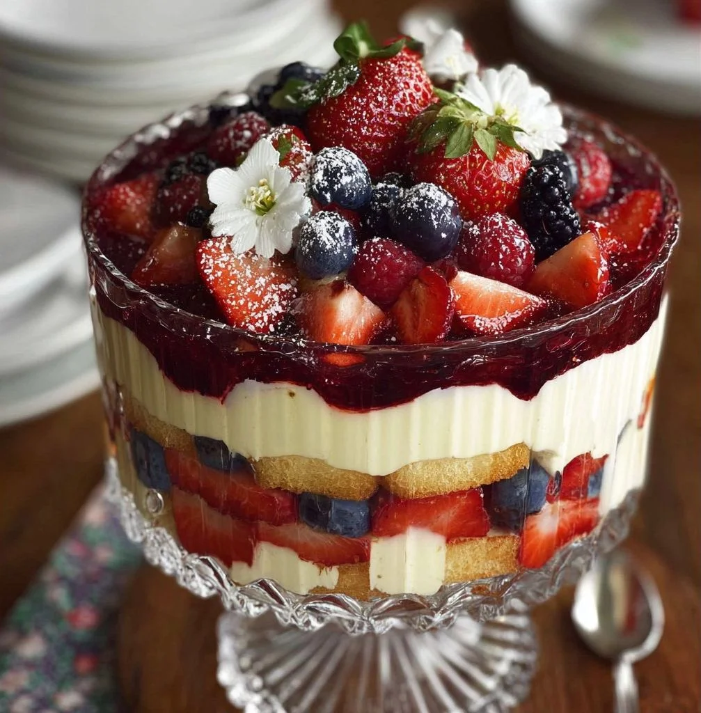Delicious summer berry trifle with layers of fresh berries, whipped cream, and cake.