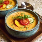 Bowl of summer Peach Gazpacho garnished with mint leaves and diced peaches.