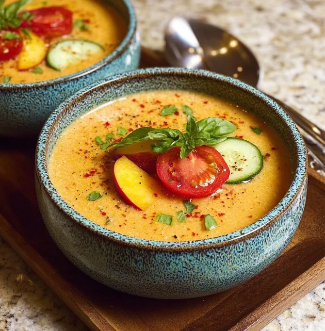 Bowl of summer Peach Gazpacho garnished with mint leaves and diced peaches.