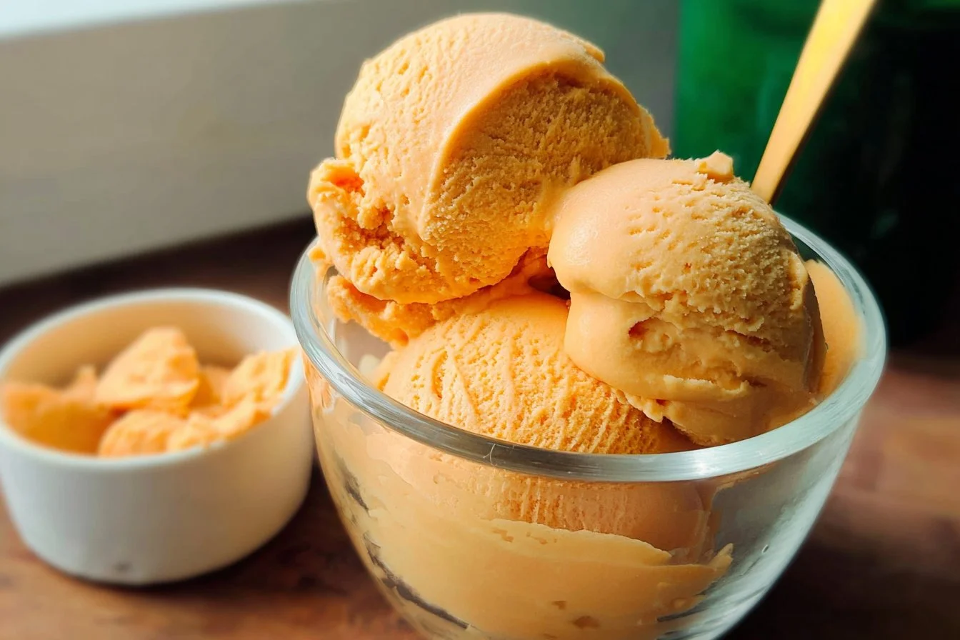 Creamy sweet potato pie ice cream served in a bowl with a spoon