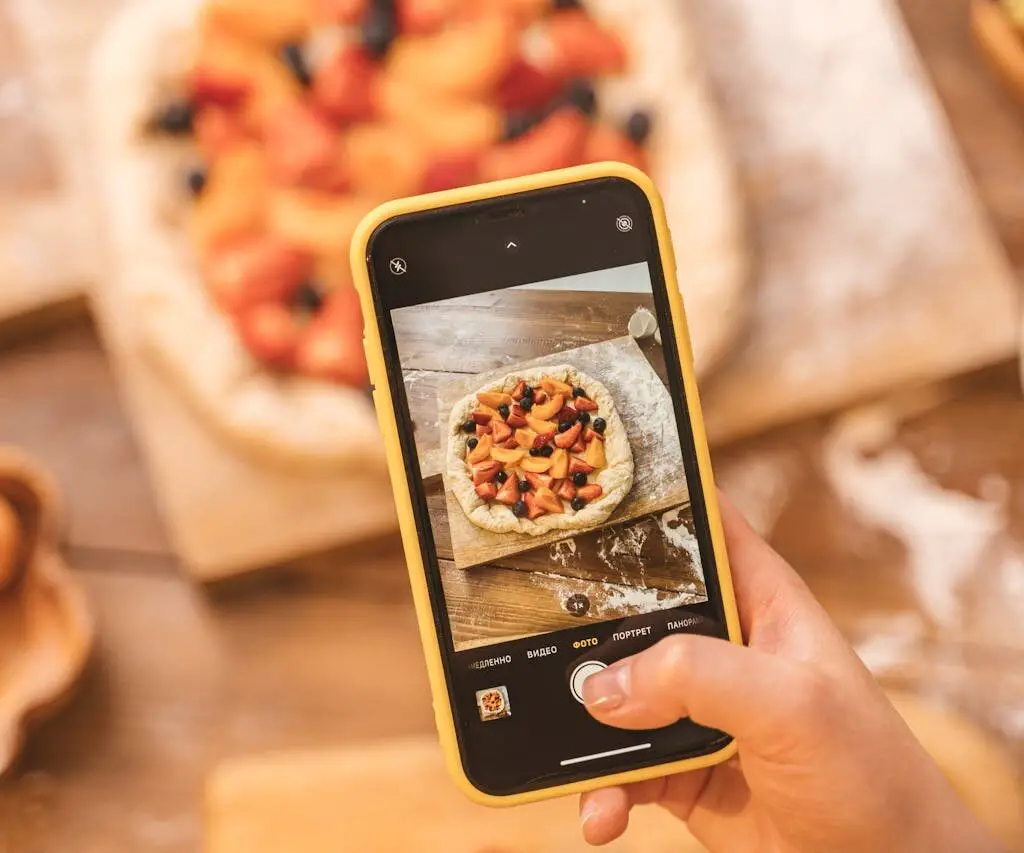 Taking a photo a pach tart at dishef kitchen