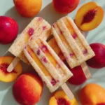 Vegan coconut peach popsicles with fresh peaches on a wooden table