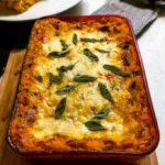 Vegetarian pumpkin spinach lasagna layered with cheese and herbs