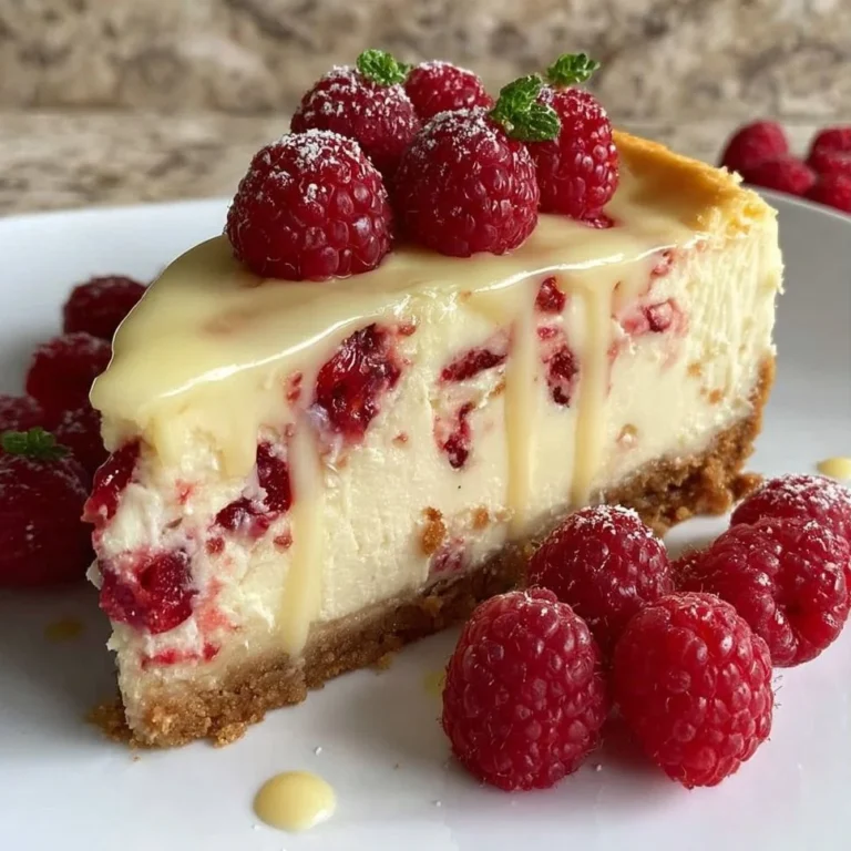 Delicious slice of white chocolate raspberry cheesecake topped with fresh raspberries