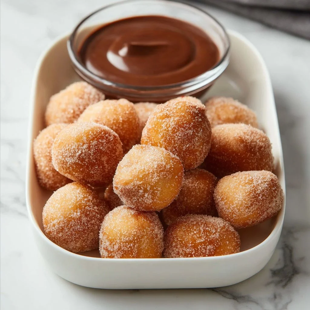 Delicious air fryer churro bites served with chocolate dipping sauce