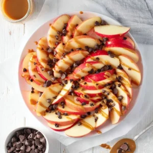 Delicious apple nachos topped with caramel sauce, nuts, and chocolate drizzle