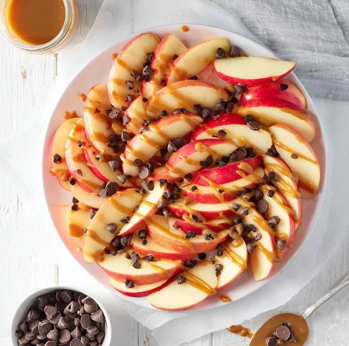 Delicious apple nachos topped with caramel sauce, nuts, and chocolate drizzle