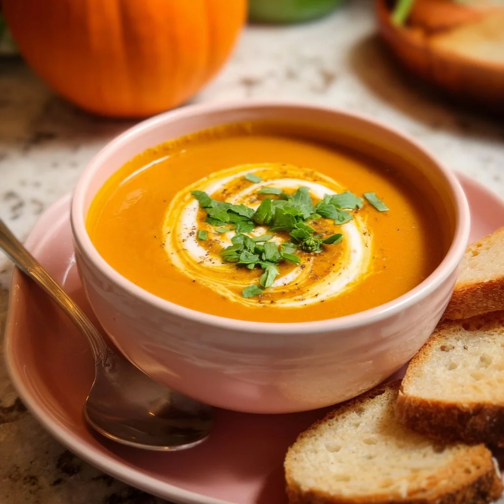 Bowl of creamy homemade pumpkin soup topped with herbs and seeds