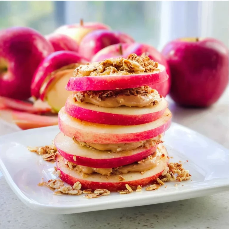 Peanut Butter Apple Sandwiches topped with granola on a wooden board