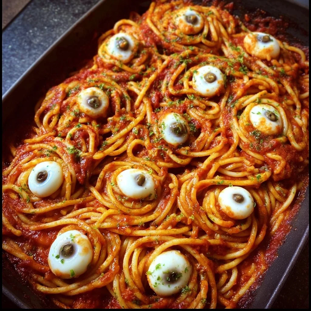 Bloody Spaghetti served with creepy Mozzarella Eyeballs for Halloween.