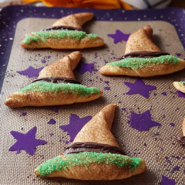 Chocolate crescent roll witch hats perfect for Halloween treats.